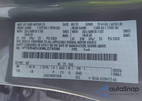 2021 Ford Ranger Xlt z USA, uszkodzony, nr VIN 1FTER4EHXMLD76596